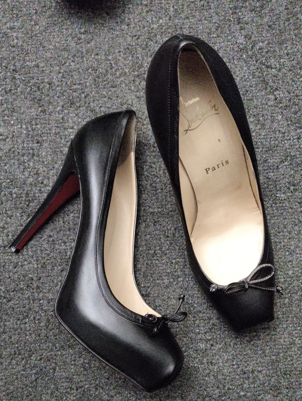 Christian Louboutin Black Leather Square Toe Pumps with Red Soles